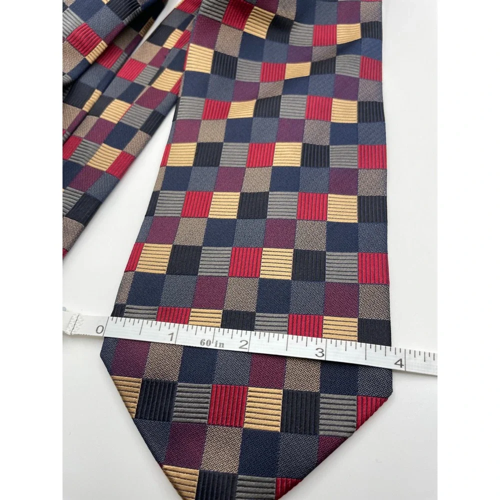 Roberto Villini Collezione Silk Tie Mens Navy Red Gold Checkered Geometric Woven